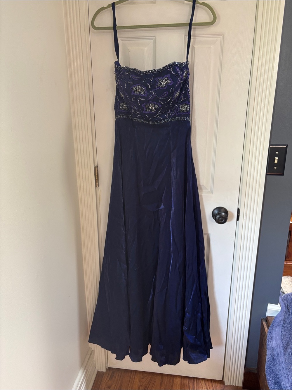 Navy Blue Beaded Spaghetti-Strap Prom Dress